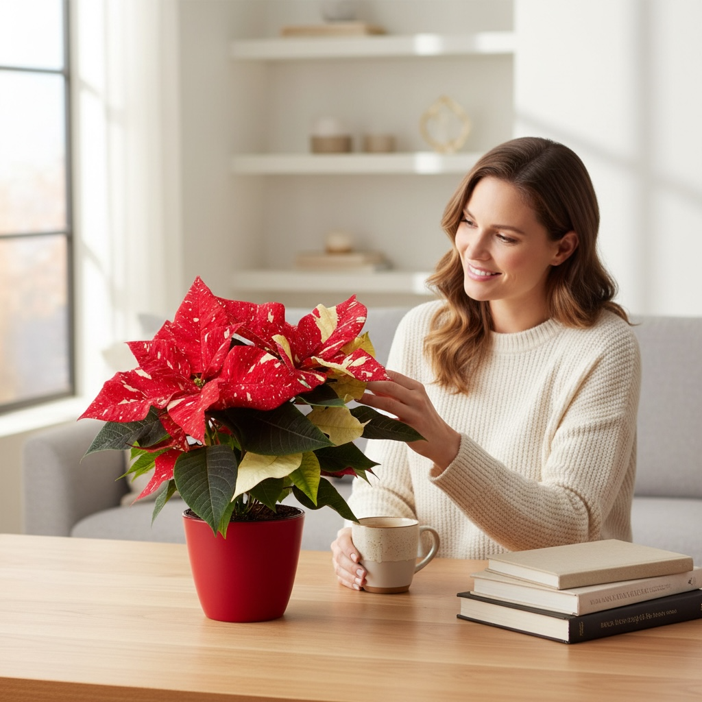 Euphorbia ‘Superba New Glitter’ in vas ceramic rosu cu fulgi