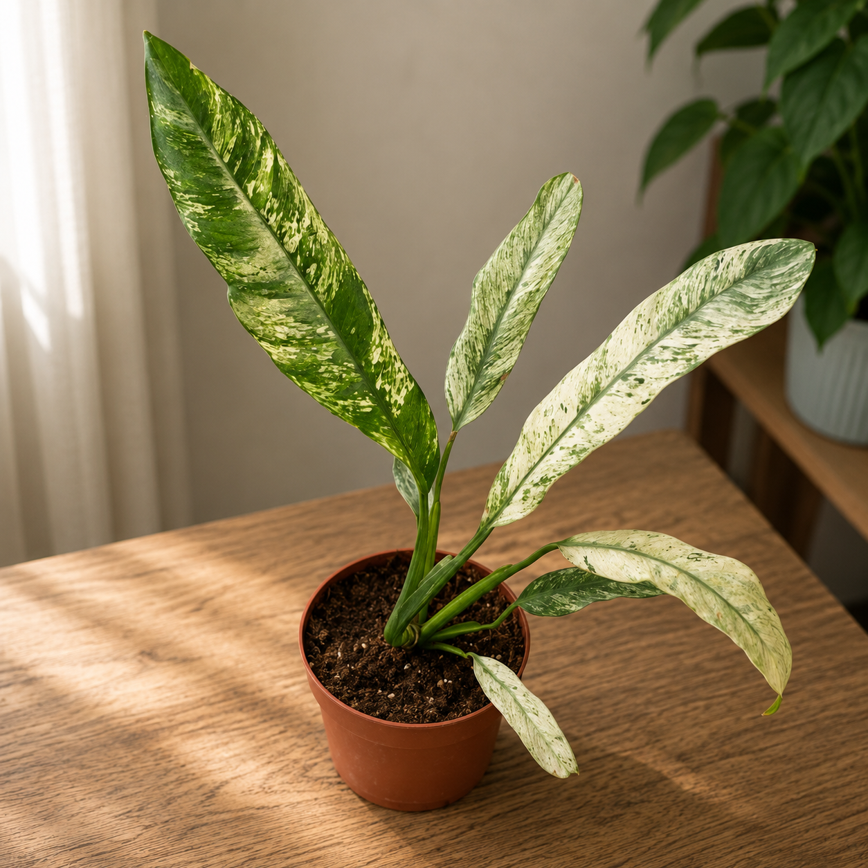 Rhaphidophora puberula ‘Variegata’ (stark variegation) – stark kontrast, sällsynt tropisk effekt