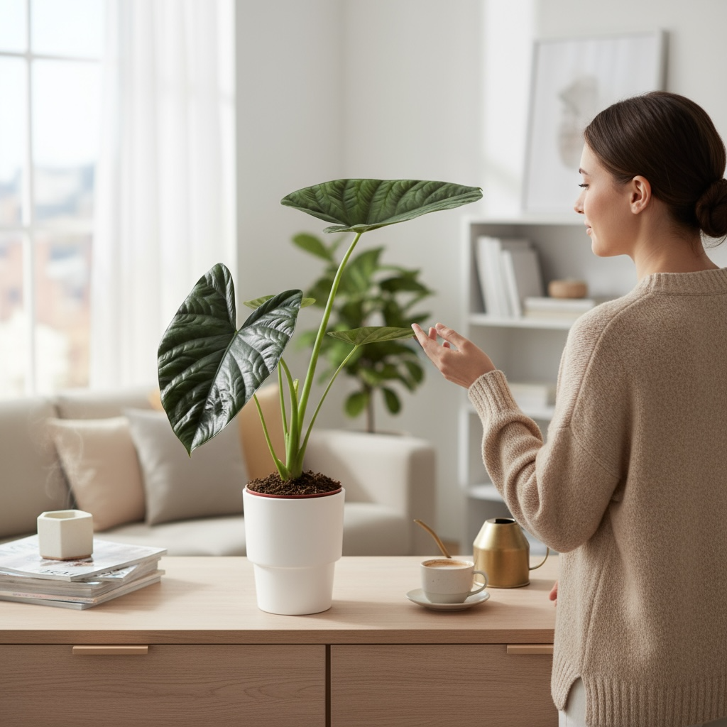Alocasia 'Lukiwan' - frunze verzi-metalice cu nervuri spectaculoase