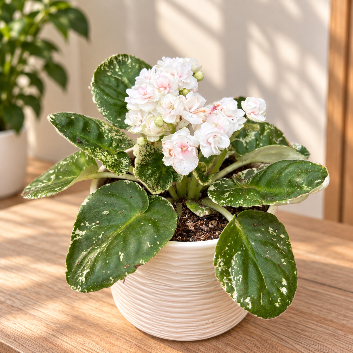 Saintpaulia ‘Watermelon Snow’ - African violet with variegated foliage and double flowers