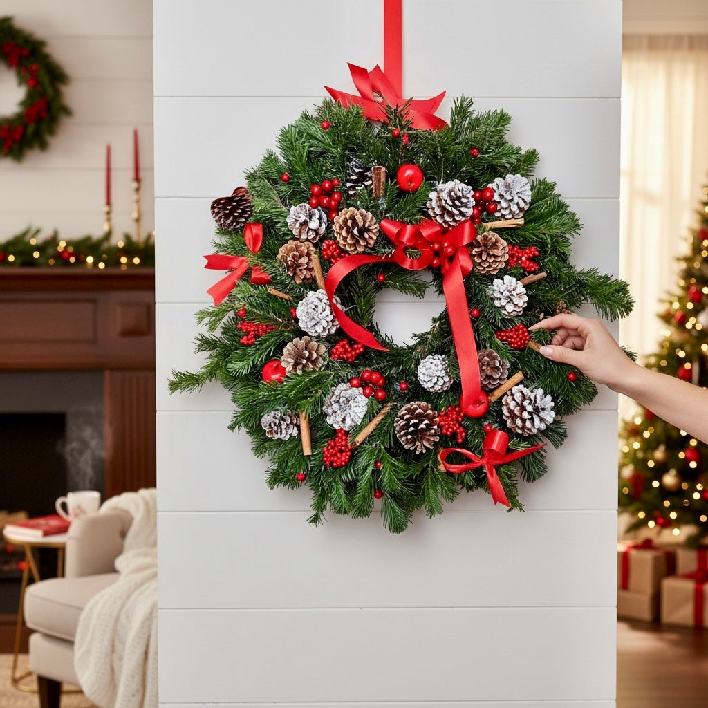 Couronne de Noël en sapin naturel, avec cannelle et pommes de pin