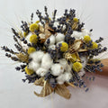 Buchet de mireasa lavanda, spice de grau, flori de bumbac si craspedia