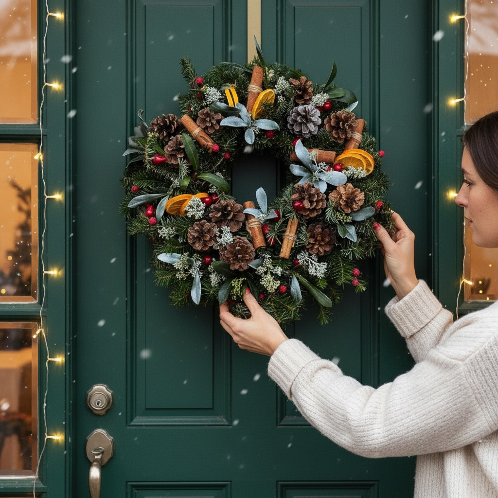 Natural fir wreath arrangement decorated for Christmas