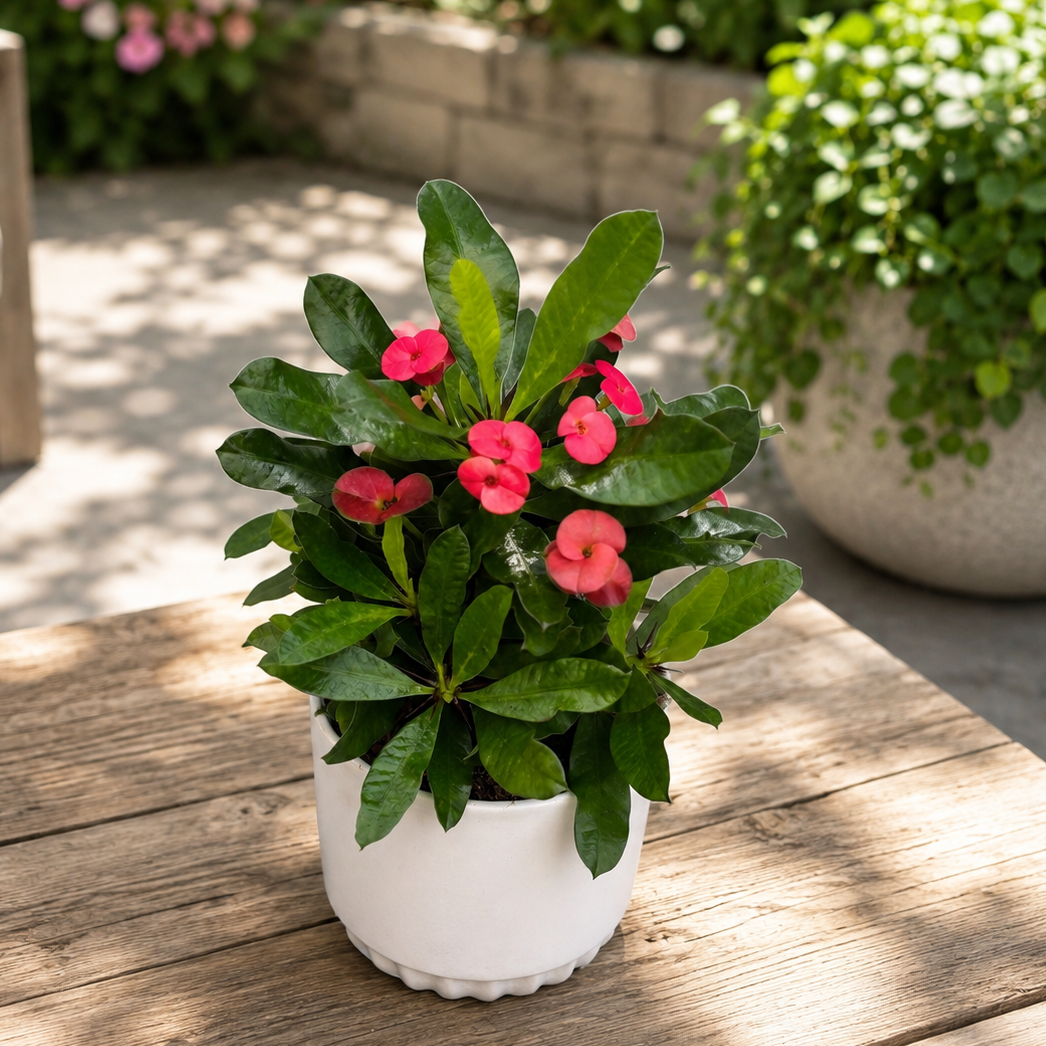 Euphorbia (Milii Grp) ‘Vulcanus’ - corona de espinas con flores rojo intenso