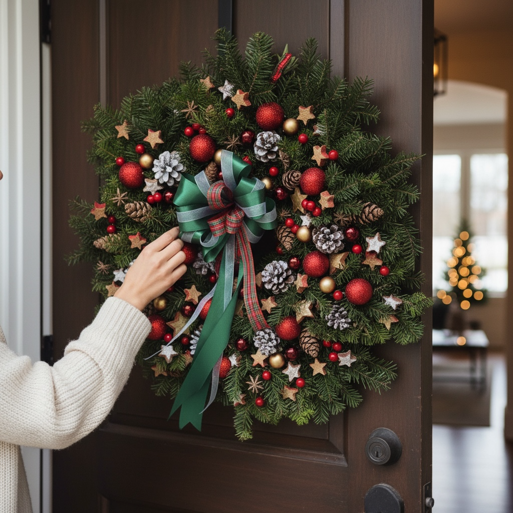 Coronita de Brad Natural deosebita – decor handmade pentru Craciun, cu globuri, anason si stelute