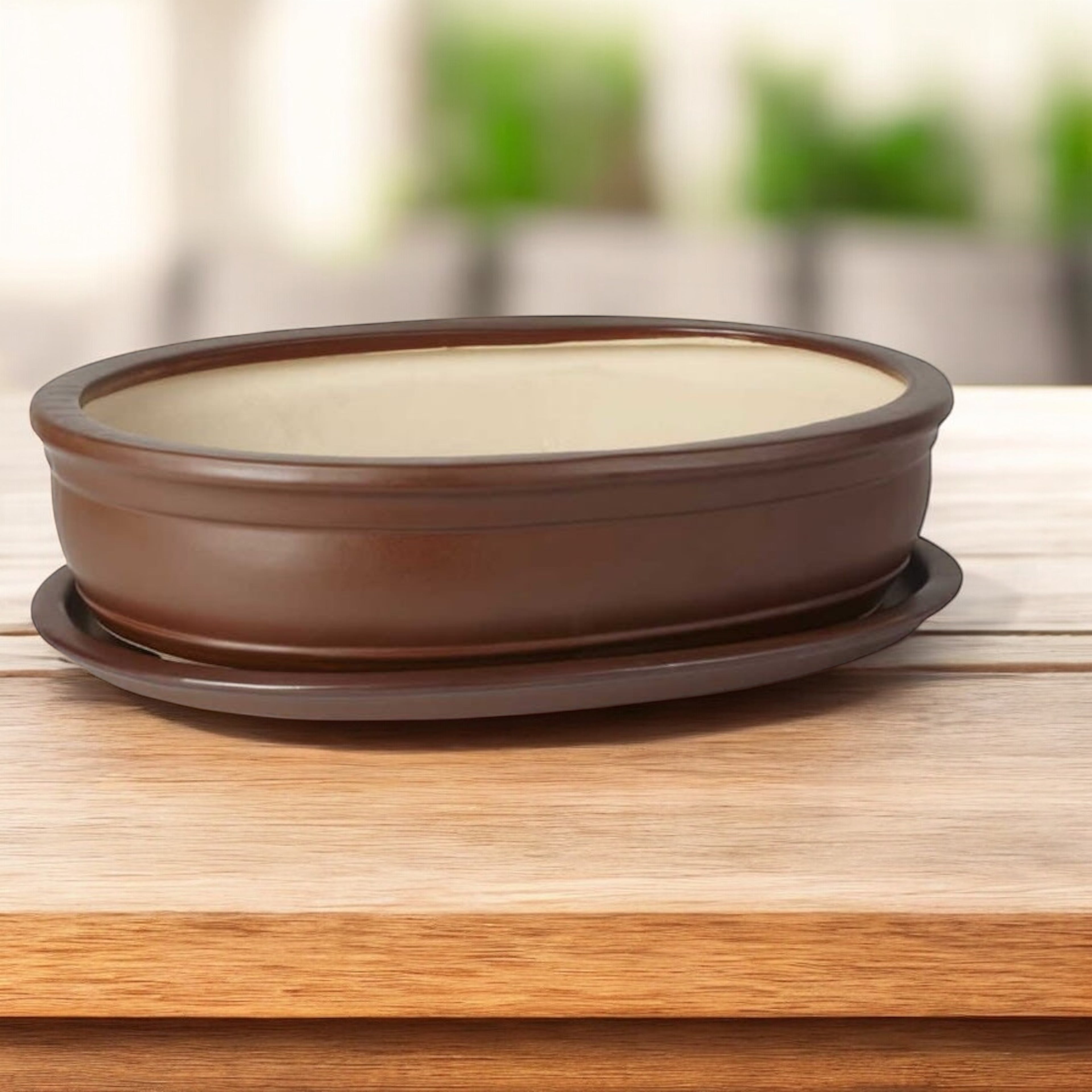 Ghiveci traditional oval bonsai maro (cu farfurie) D19cm