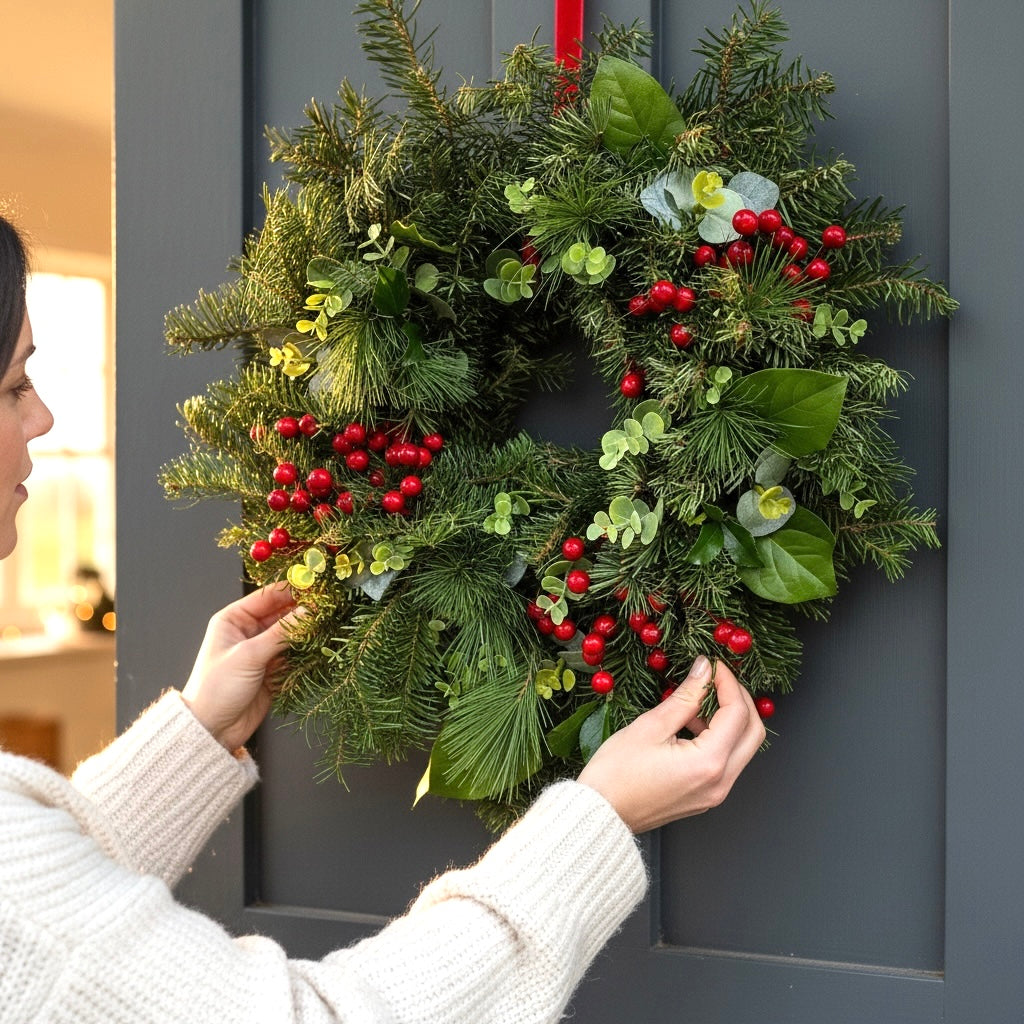 Coronita naturala de Craciun cu brad, verdeata mixta si bobite de ilex
