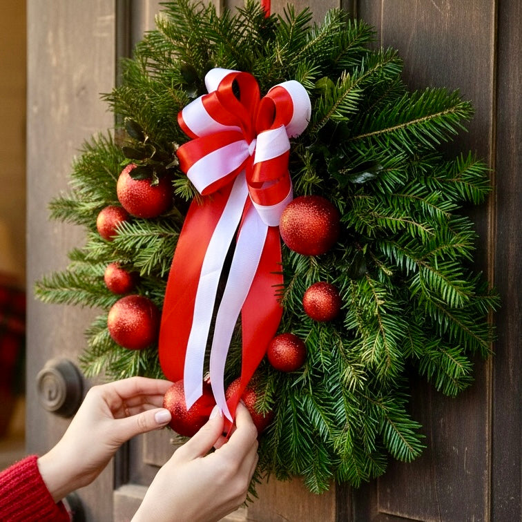 Christmas wreath arrangement with baubles and bow