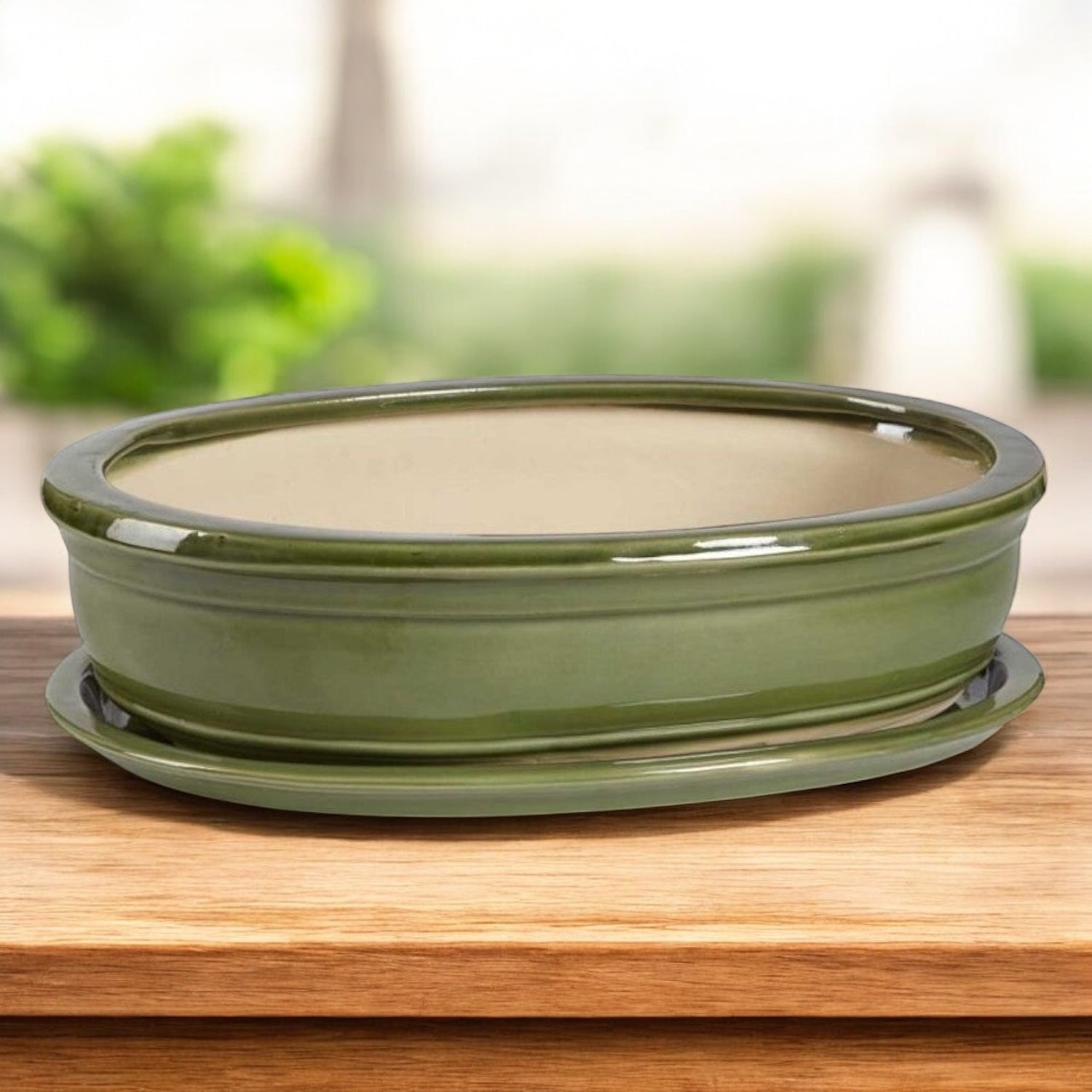 Ghiveci traditional oval bonsai verde (cu farfurie) D19cm