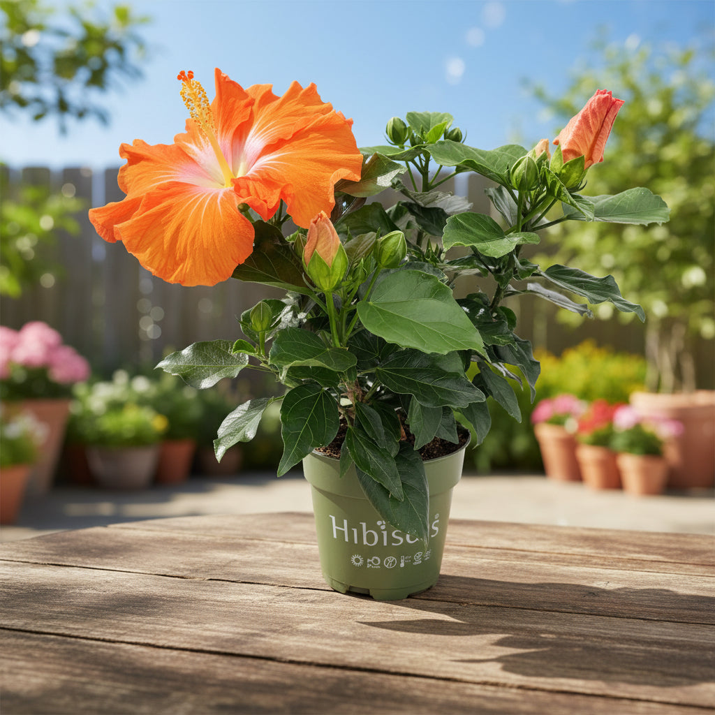Hibiscus rosa-sinensis ‘Pomona’ – hibiscus tropical cu flori portocalii, centru luminos