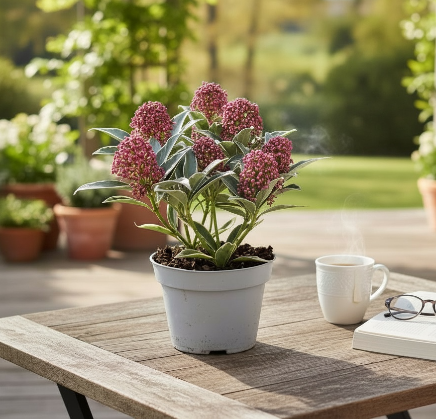 Skimmia Japonica 'Magic/Mystic Marlot' - frunze variegate, flori parfumate (liliac japonez)