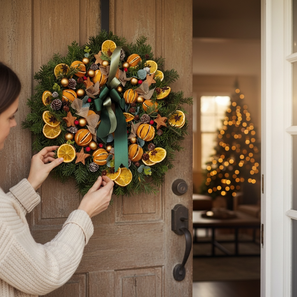 Wieniec z naturalnej jodły z pomarańczami i gwiazdkami