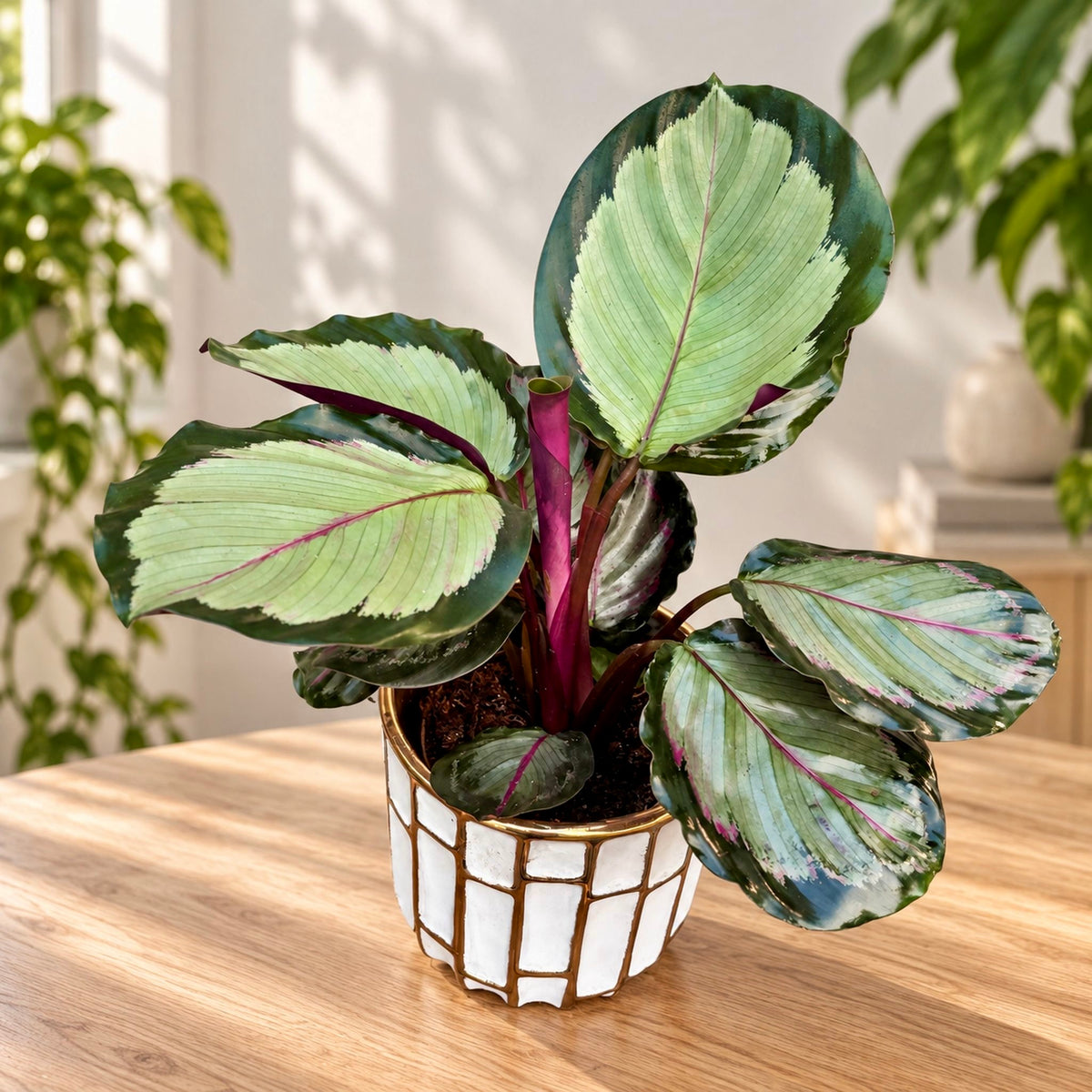 Calathea 'Corona' - folhas prateadas e verso cor de vinho