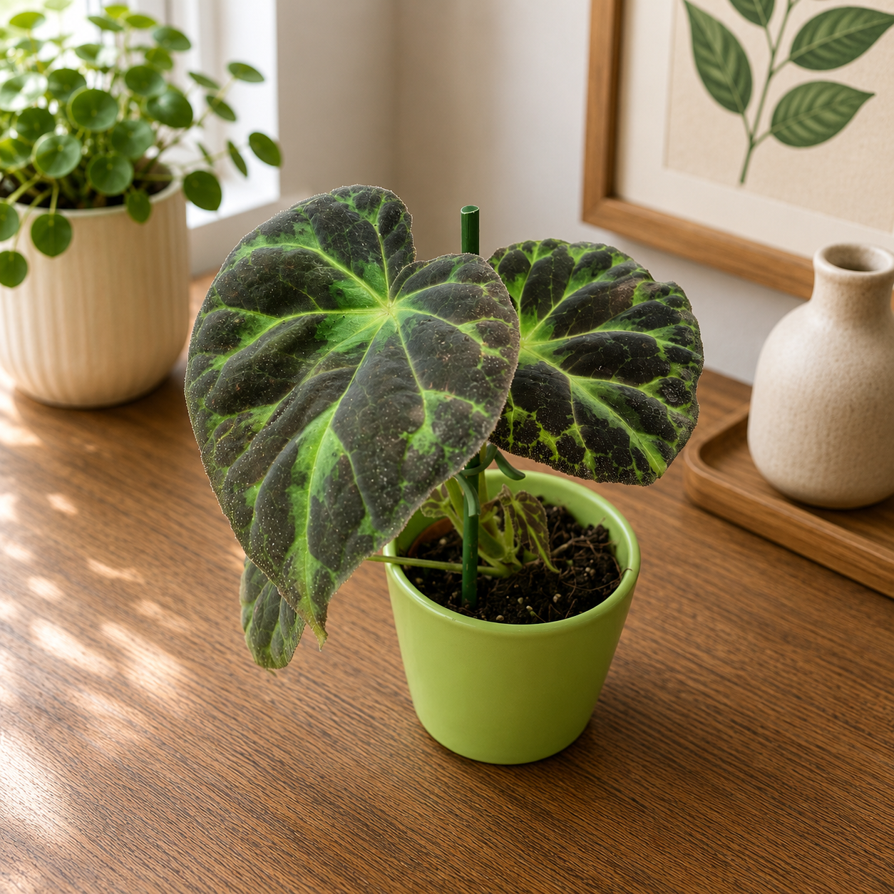 Begonia barsalouxiae - zeldzame botanische begonie met donkergroene, fluweelzachte bladeren