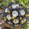 Buchet cu flori de bumbac, lavanda si craspedia