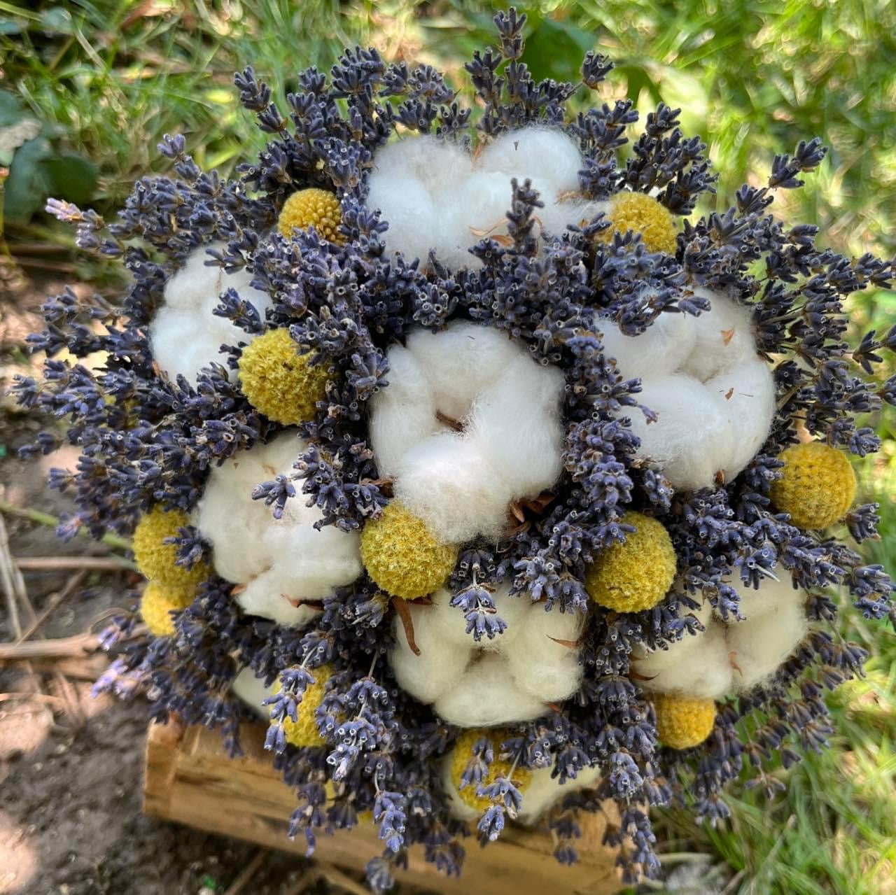 Buchet cu flori de bumbac, lavanda si craspedia
