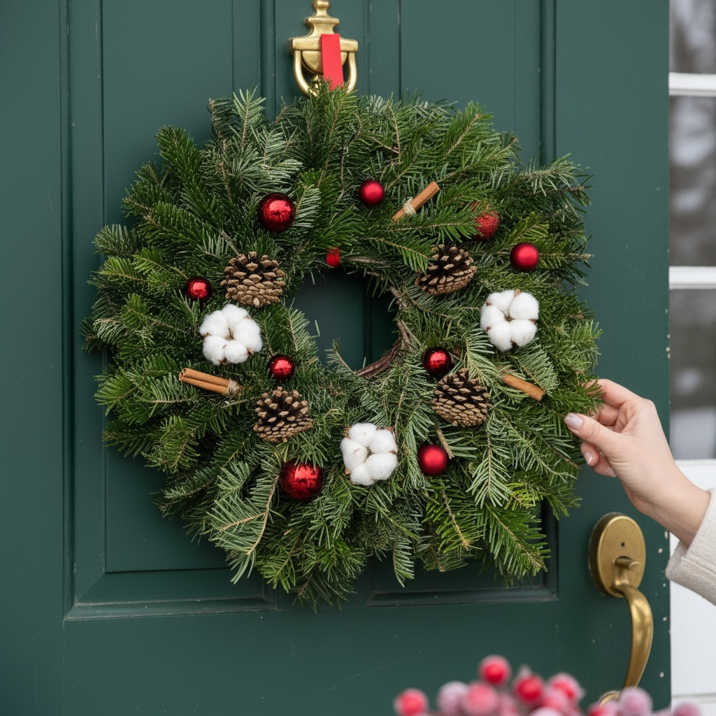 Coronita de Craciun naturala, cu brad, conuri si accente festive