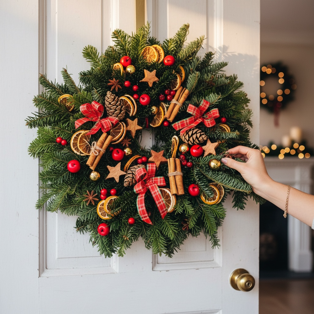 Coronita naturala de Craciun cu scortisoara, portocale uscate si fundite festive