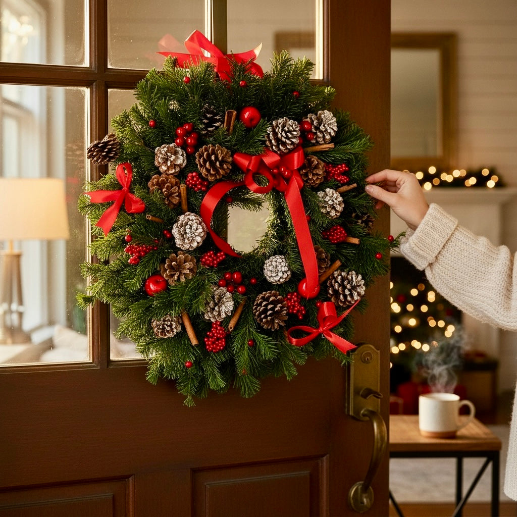 Couronne de Noël en sapin naturel, avec cannelle et pommes de pin