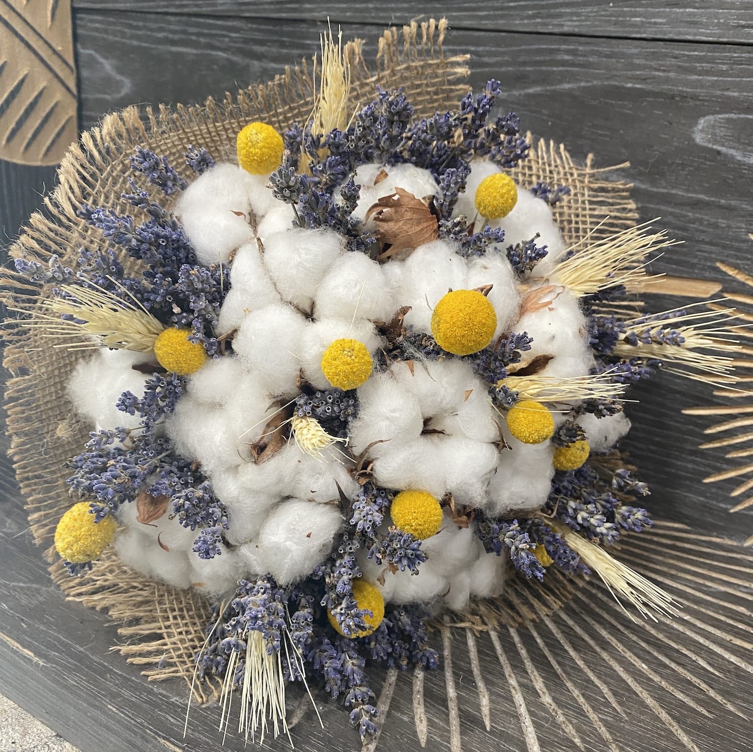 Buchet cununie rustic spice de grau, bumbac si craspedia