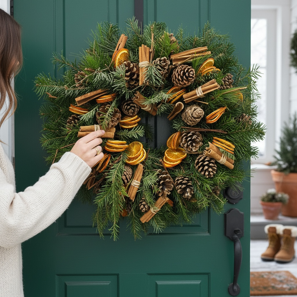 Venec iz naravnega smrekovega lesa z božičnimi okraski