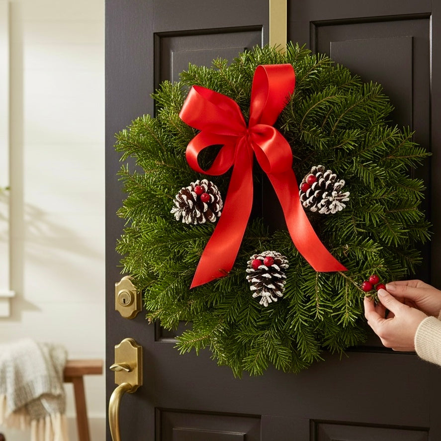 Christmas wreath with bow and cones