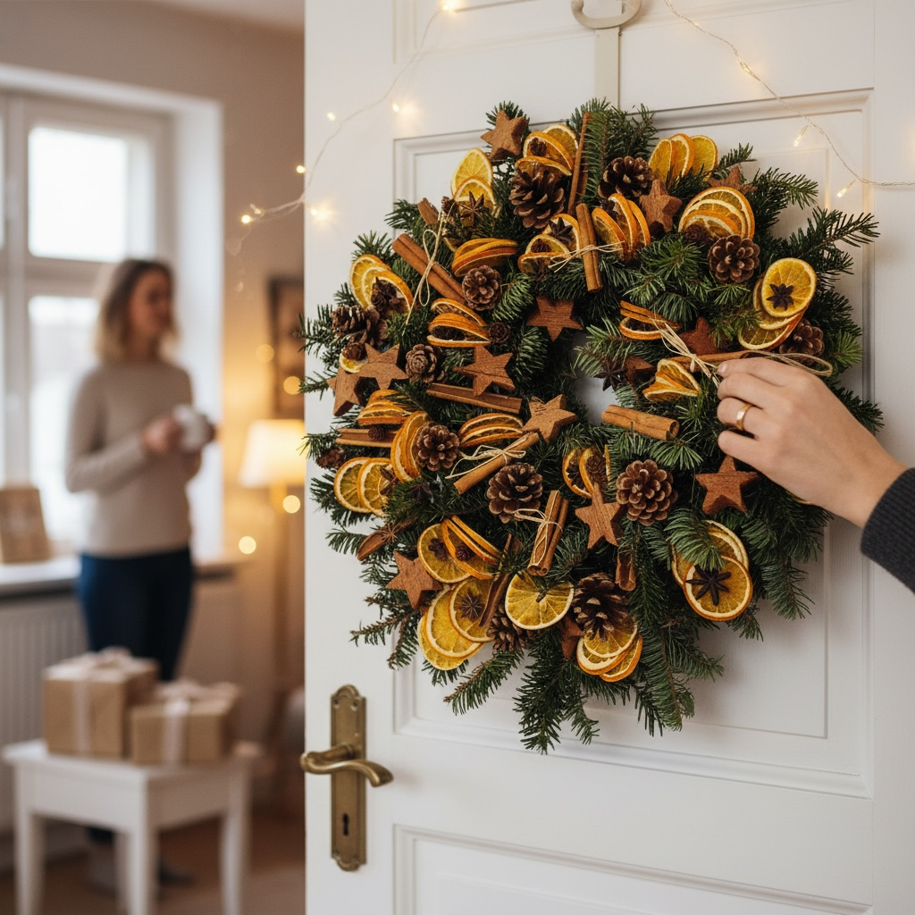 Coronita naturala de Craciun cu portocale uscate, scortisoara si anason