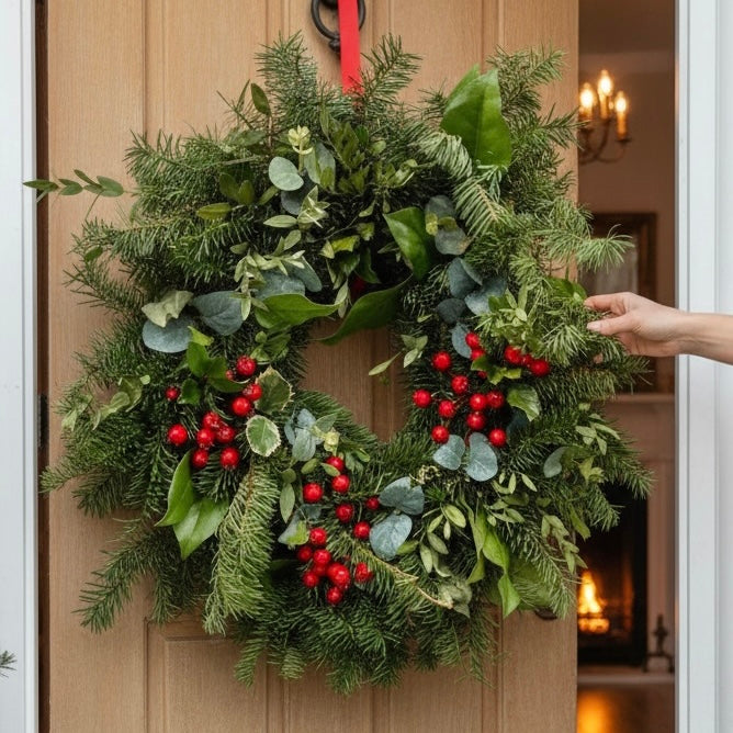 Coronita naturala de Craciun cu brad, verdeata mixta si bobite de ilex