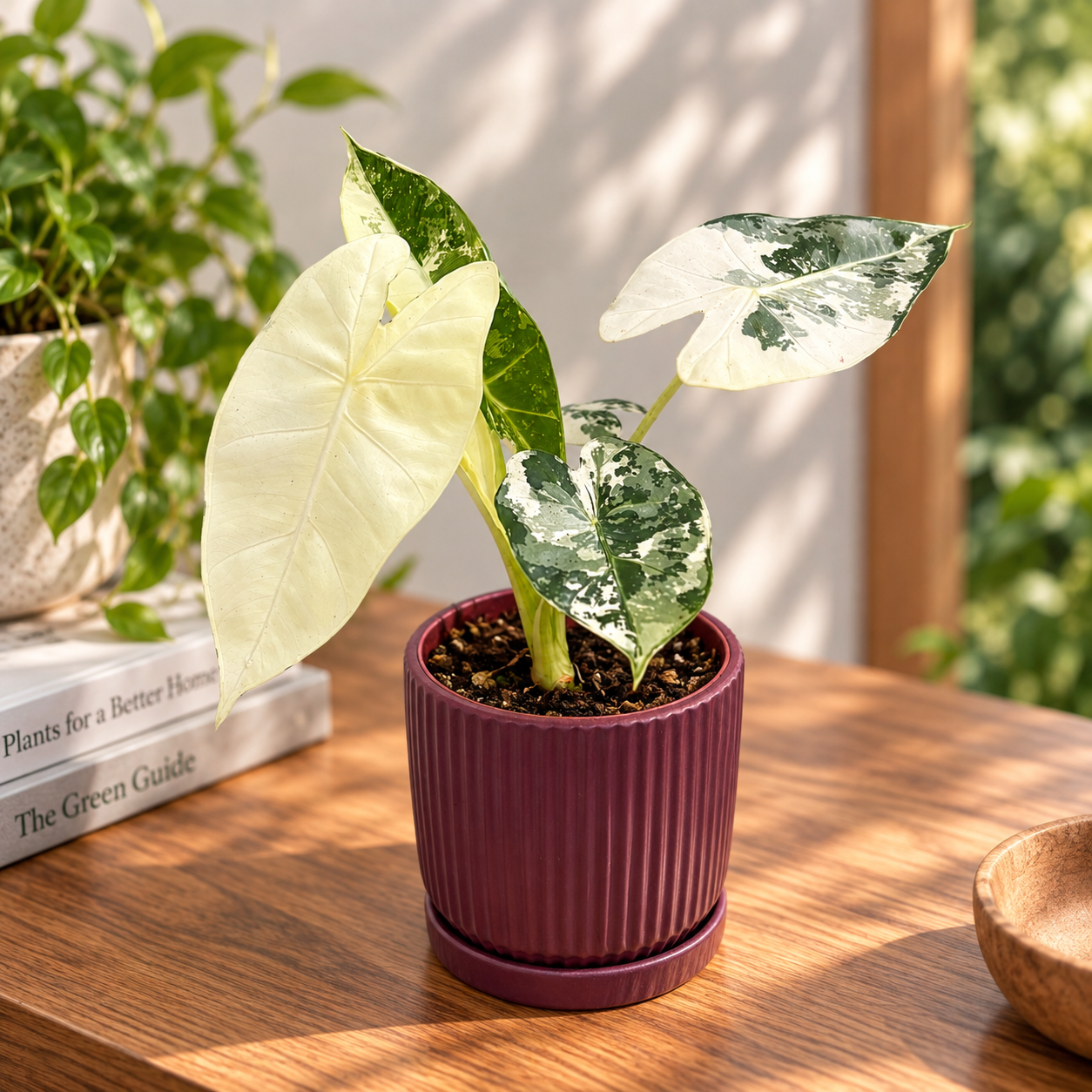 Alocasia micholitziana ‘Frydek Variegata’ – tropska elegancija u smaragdno zelenoj i bijelo-krem boji