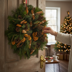 Liten krans av äkta gran med juldekorationer