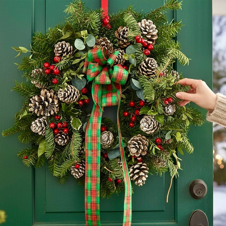 Composizione corona di Natale con ilex e coni