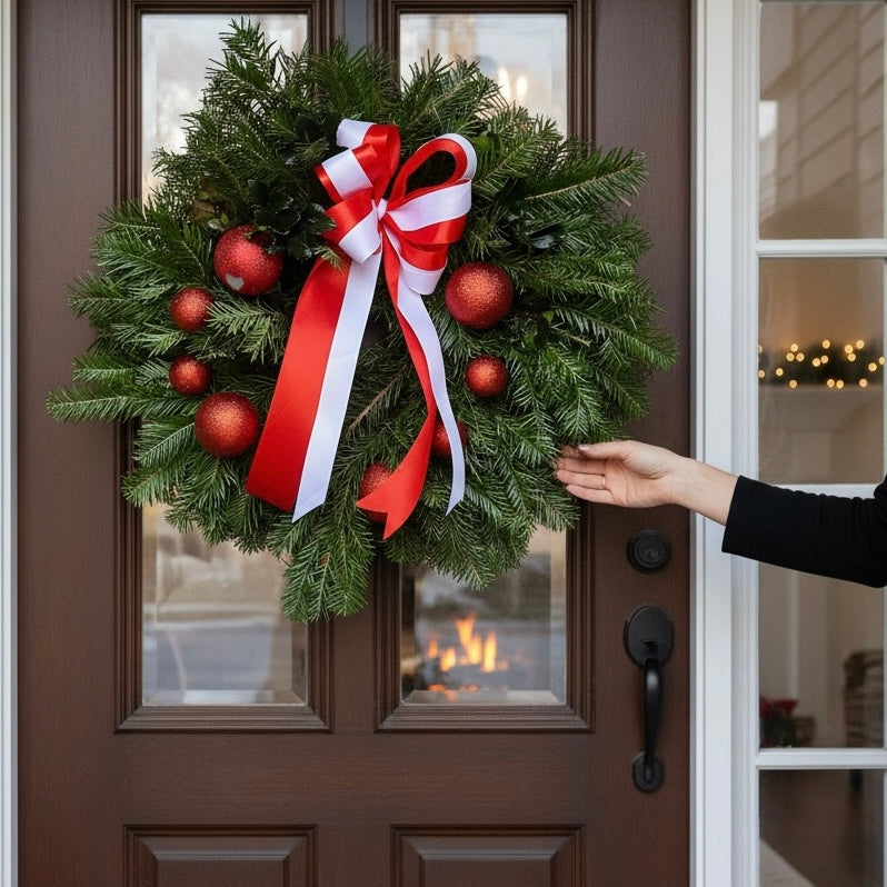 Christmas wreath arrangement with baubles and bow