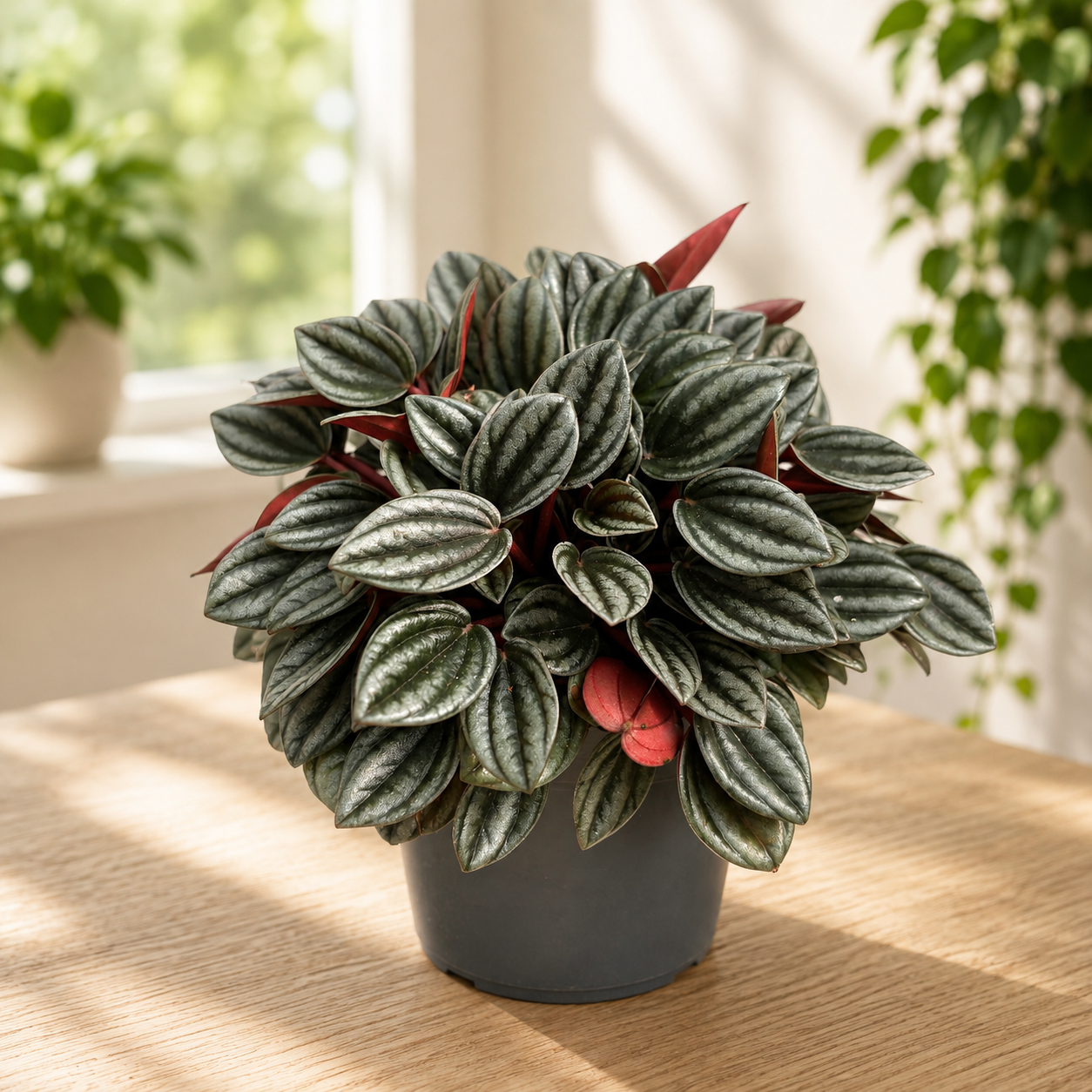 Peperomia «Tender Toscane» - Συμπαγής πεπερόμια με ασημένια φύλλα και μπορντό κάτω επιφάνεια