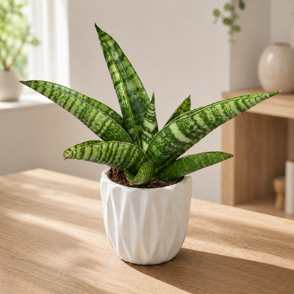 Sansevieria 'Gojo' - Vrouwentong, een compacte hybride met gemarmerd groene bladeren