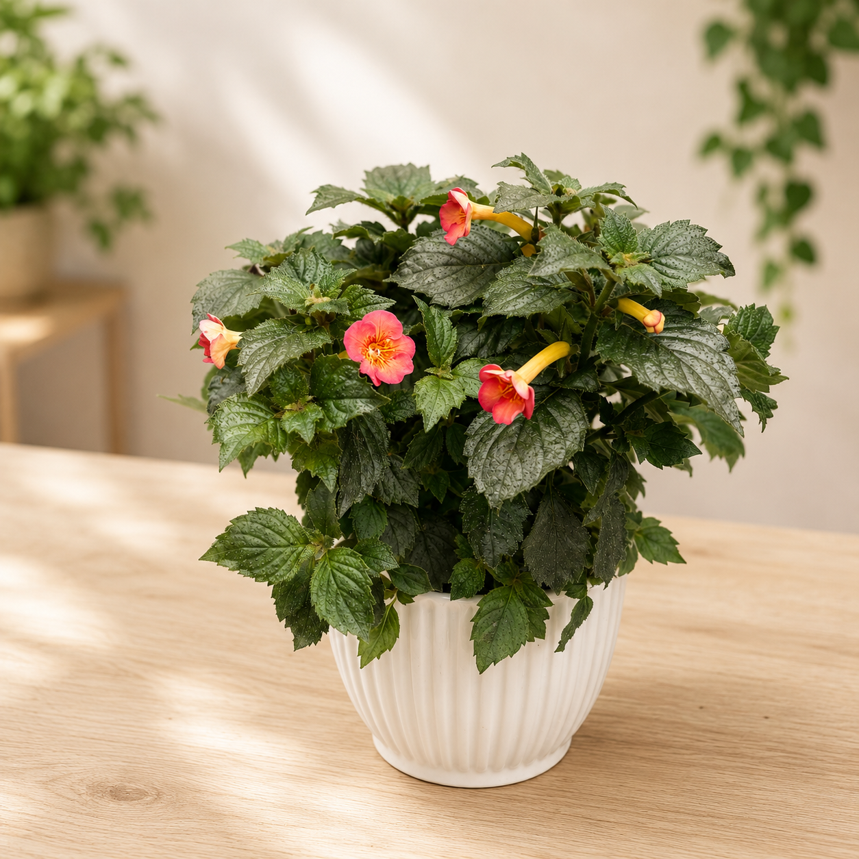Achimenes ‘Carrot Cake’ - planta tropicala cu flori portocaliu-rosii si inflorire abundenta