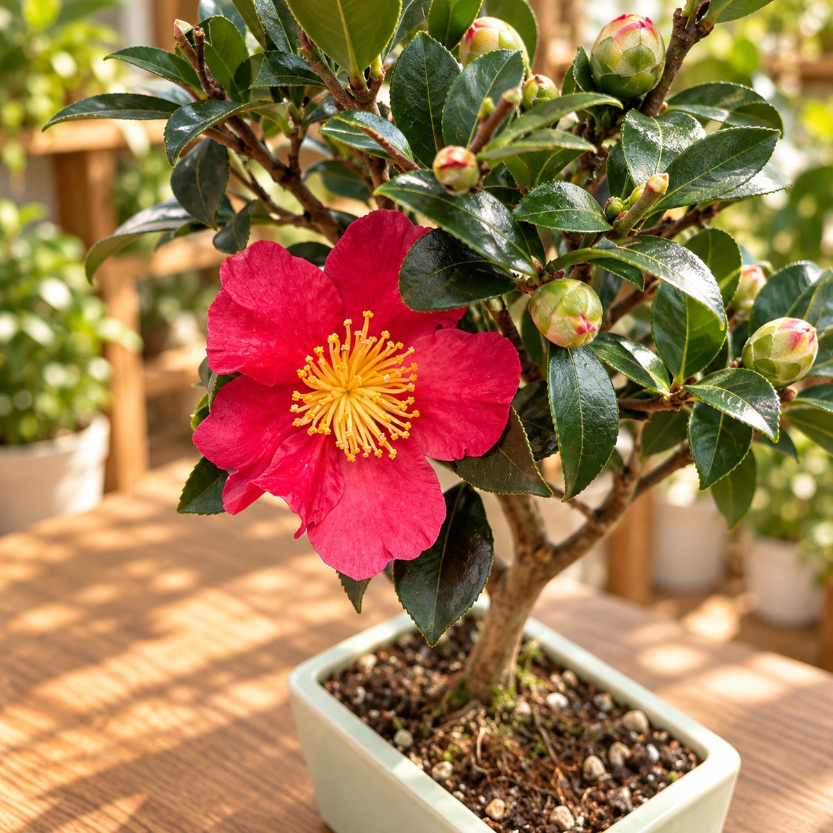 Bonsai Camellia sasanqua 'Yuletide' - Camelia de toamna in forma bonsai