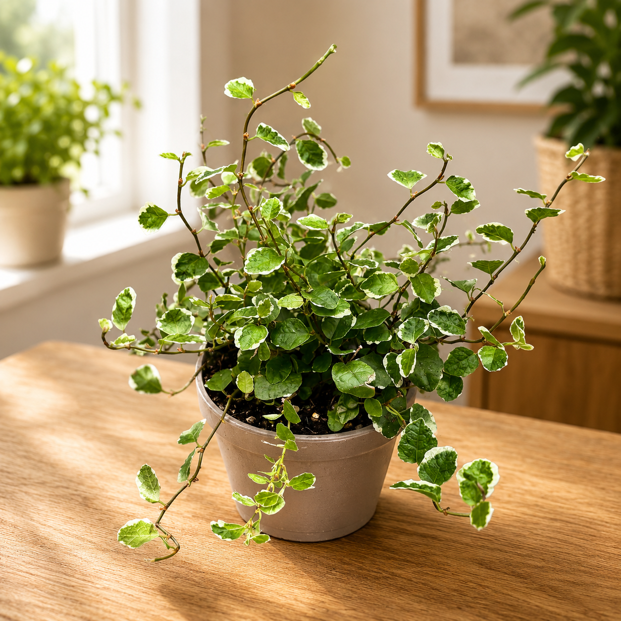 Ficus pumila 'White Sunny' - valkoinen aurinkoinen tarator-fikus, jossa kirjavat lehdet ja nopea kasvu