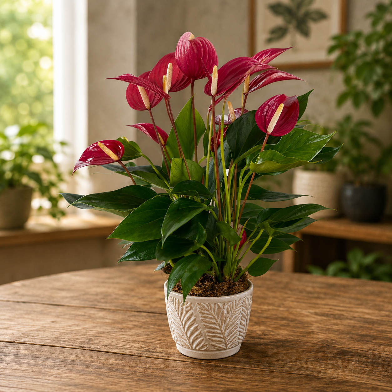 Anthurium ‘Banderola Roja’ - neprekinjeno cvetenje in eksotična eleganca v intenzivni rdeči barvi