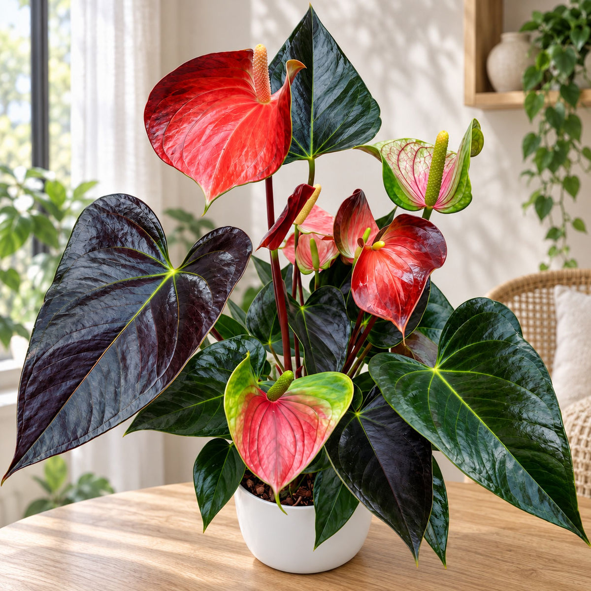Anthurium ‘Rainbow Champion’ – tropical plant with iridescent flowers in shades of pink and green