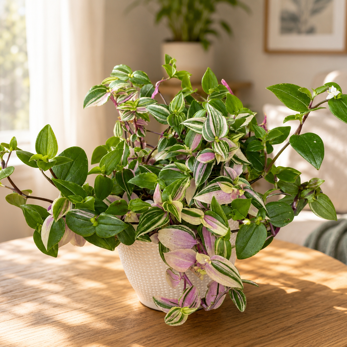 Tradescantia fluminensis 'Quadricolor' - hängande planta med trefärgade blad