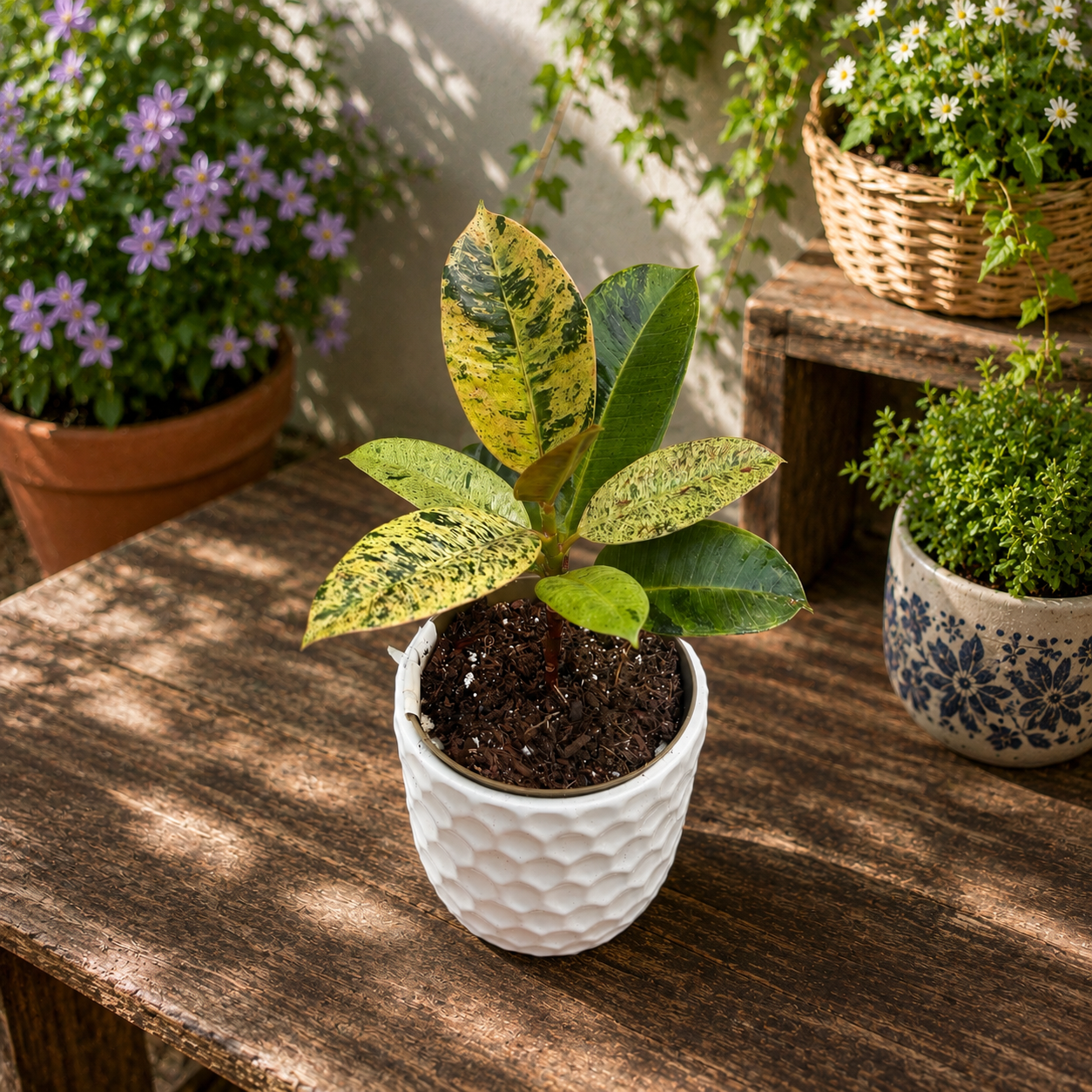 Ficus elastica 'Shivereana' ('Moonshine', 'Variegata') - jedinečný lesk a ohromující panašování