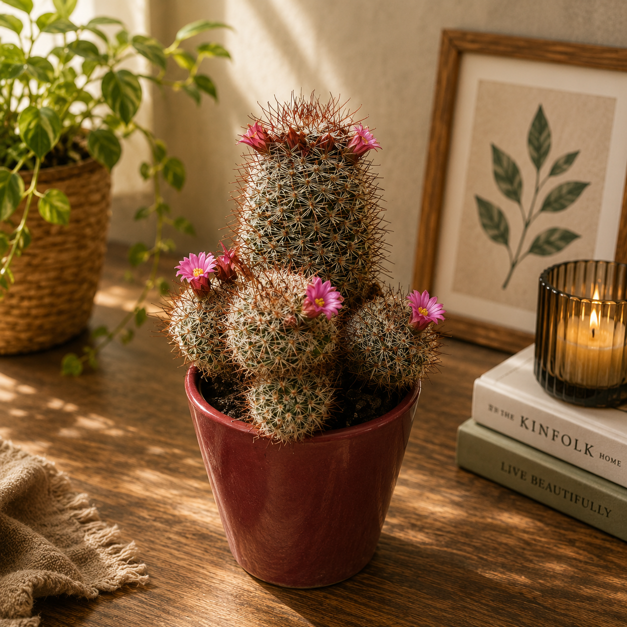 Mammillaria leptacantha – Cactus globular cu spini albi si coroana de flori roz
