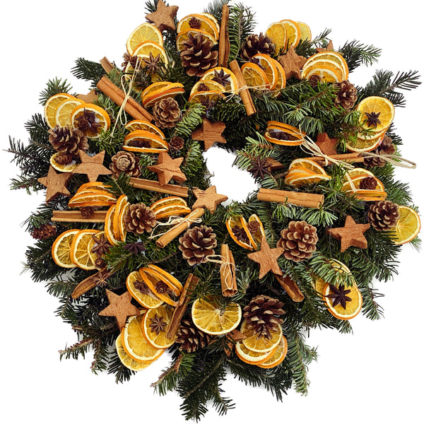 Special Christmas tree wreath with cinnamon, oranges and stars