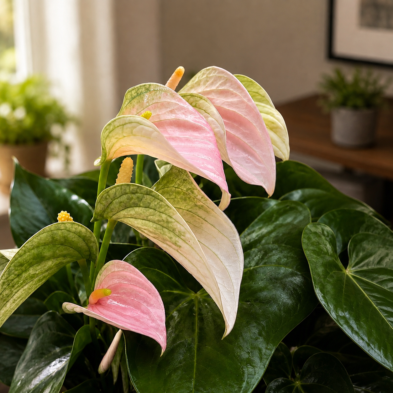 Anthurium ‘Joli Peach’ – élégance délicate avec des fleurs pastel et une ambiance tropicale