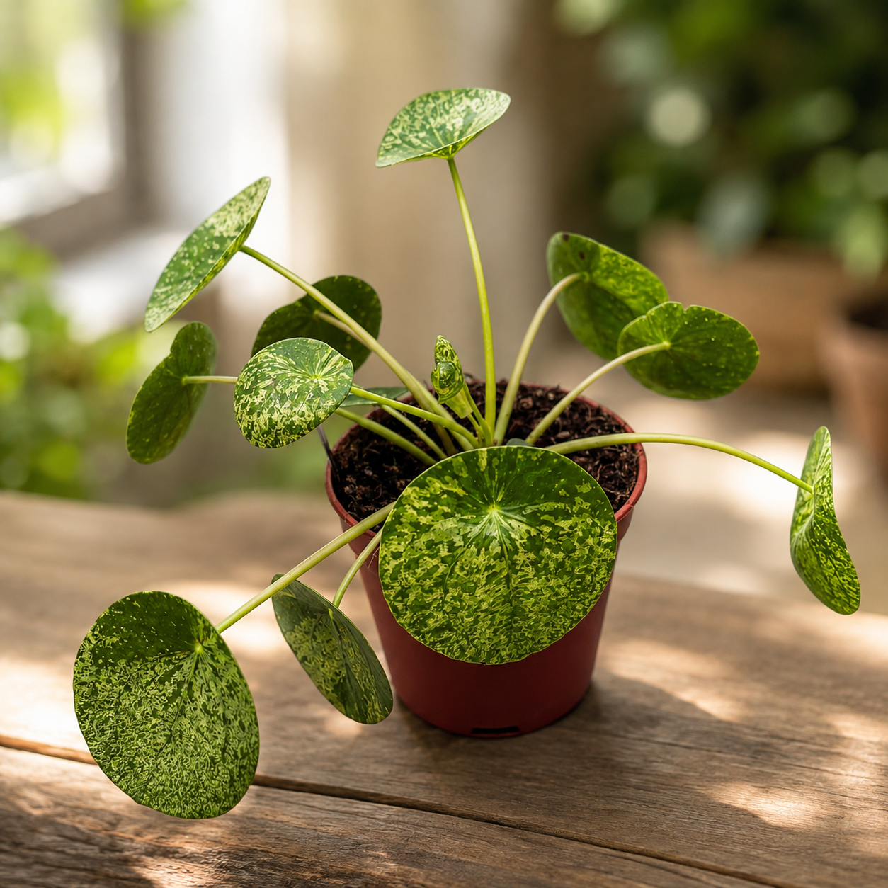 Pilea peperomioides 'Mojito' - plant with exotic appearance and variegated foliage