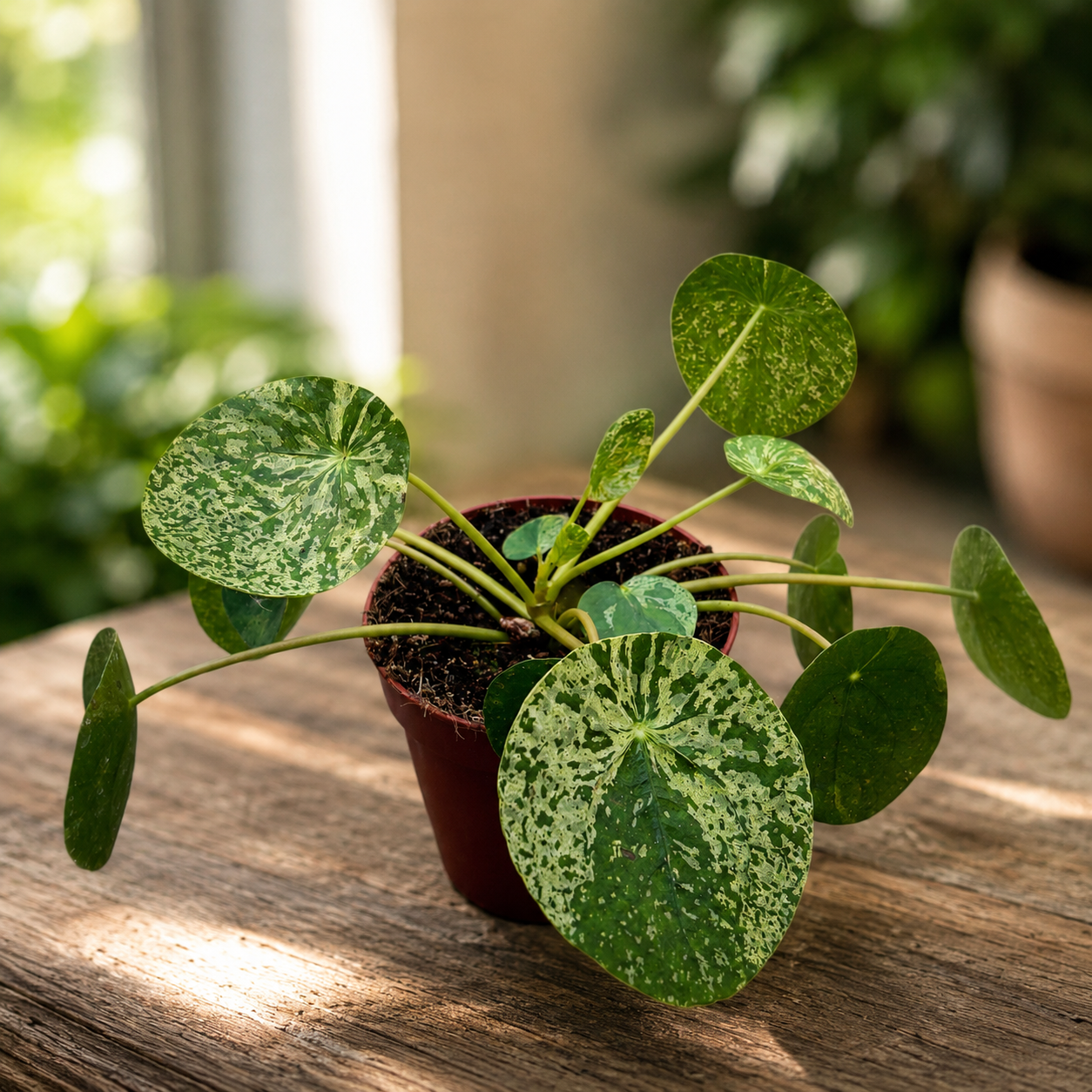 Pilea peperomioides 'Mojito' - plant with exotic appearance and variegated foliage