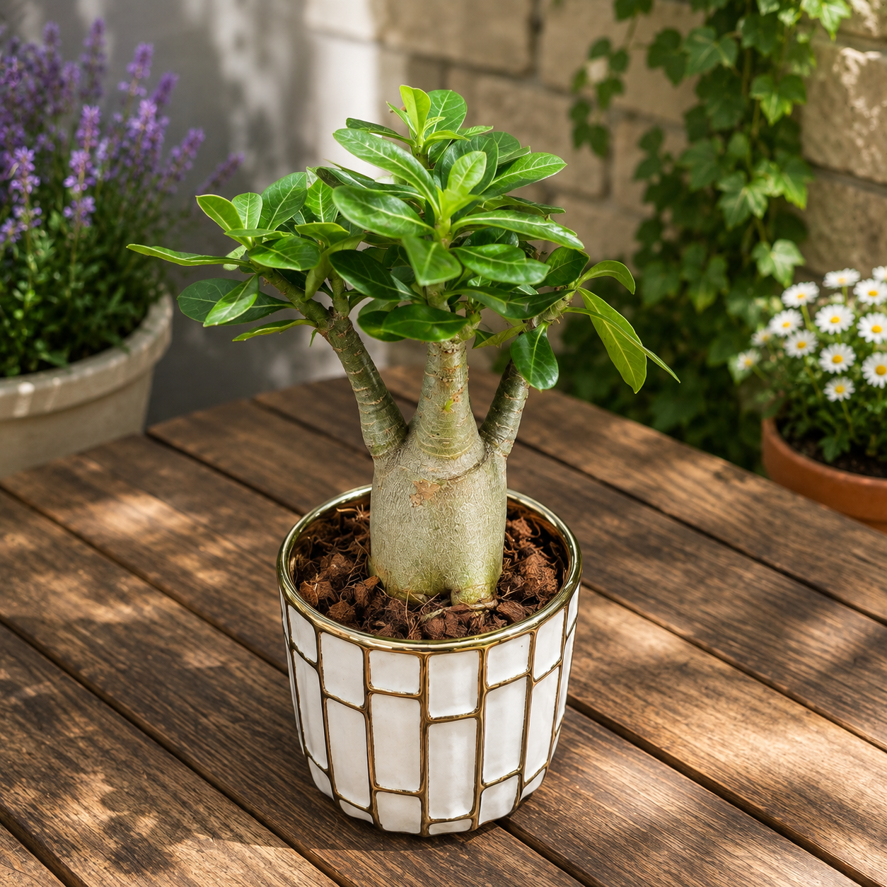 Adenium arabicum - desert rose with impressive caudex and exotic flowers