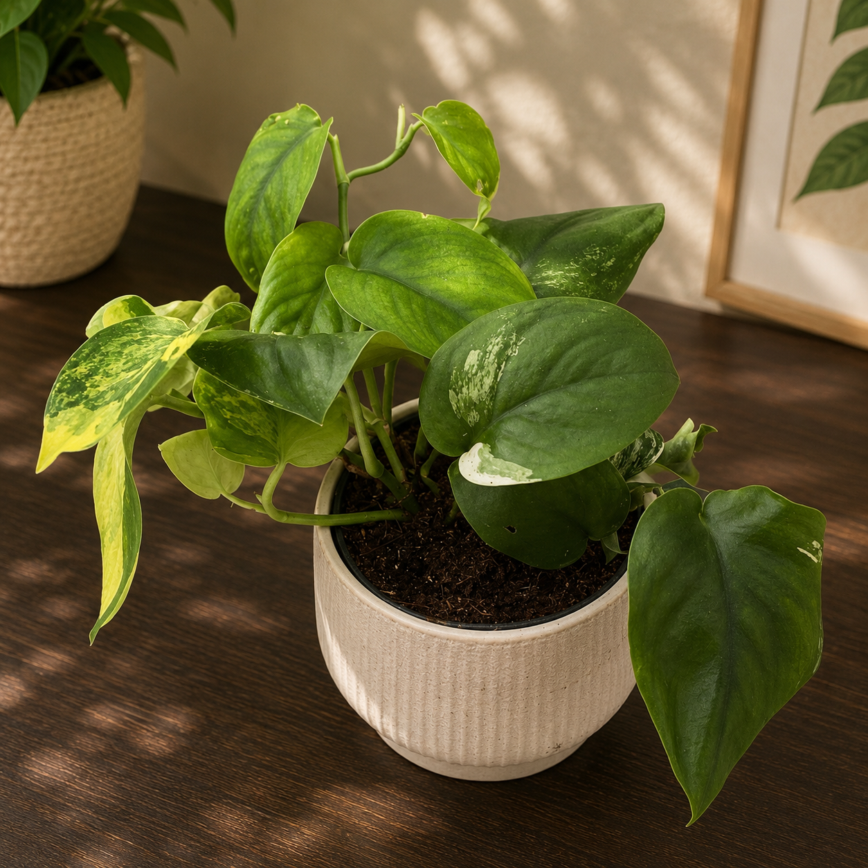 Scindapsus „Jade Satin” Variegata – рядко растение с нефритенозелени листа и жълта шарка