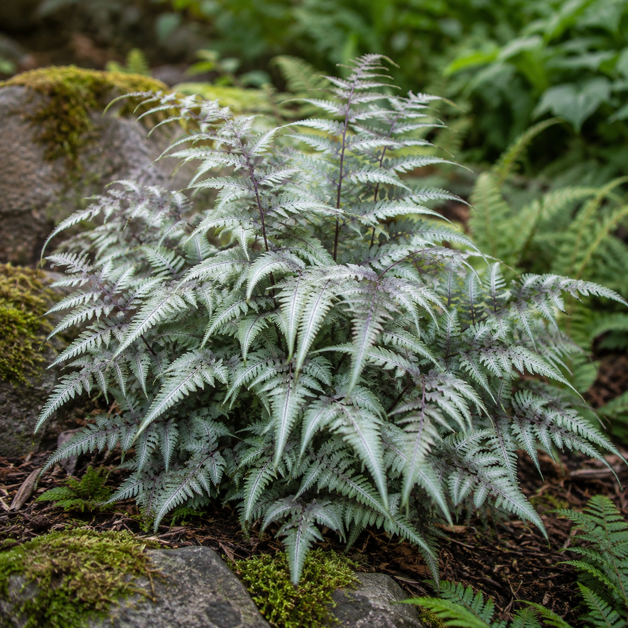 Athyrium niponicum ‘Metallicum’ – japońska paproć ogrodowa
