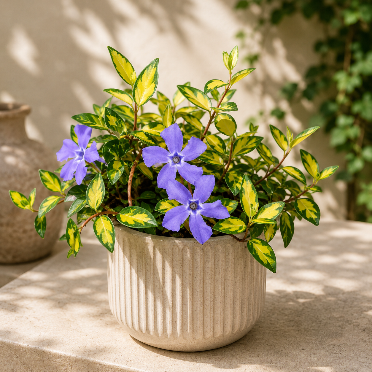 Vinca minor 'Illumination' - frunzis auriu si flori albastre
